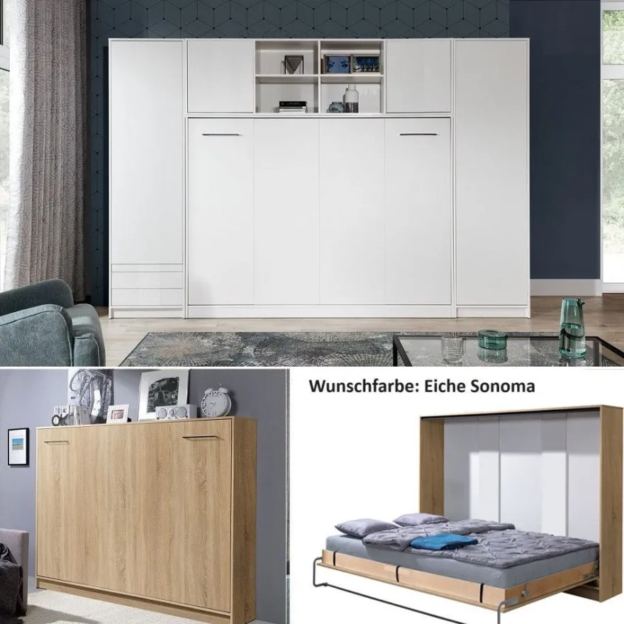Schrankbett Wandklappbett horizontal HB 90/120/140 x 200 mit Aufsatz & 2 Schränken