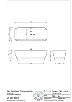 Schröder Badewanne Designwanne Golem OR 180 S 179,5x75x44/56,5 cm cremeweiß matt