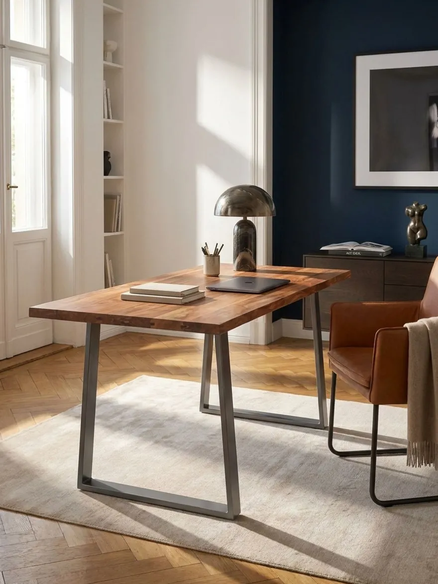 Schreibtisch TARN Akazie Massivholz Baumkante Homeoffice Trapezbeine 120-200 cm