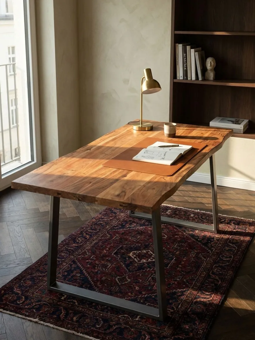 Schreibtisch TARN Akazie Massivholz Baumkante Homeoffice Trapezbeine 120-200 cm