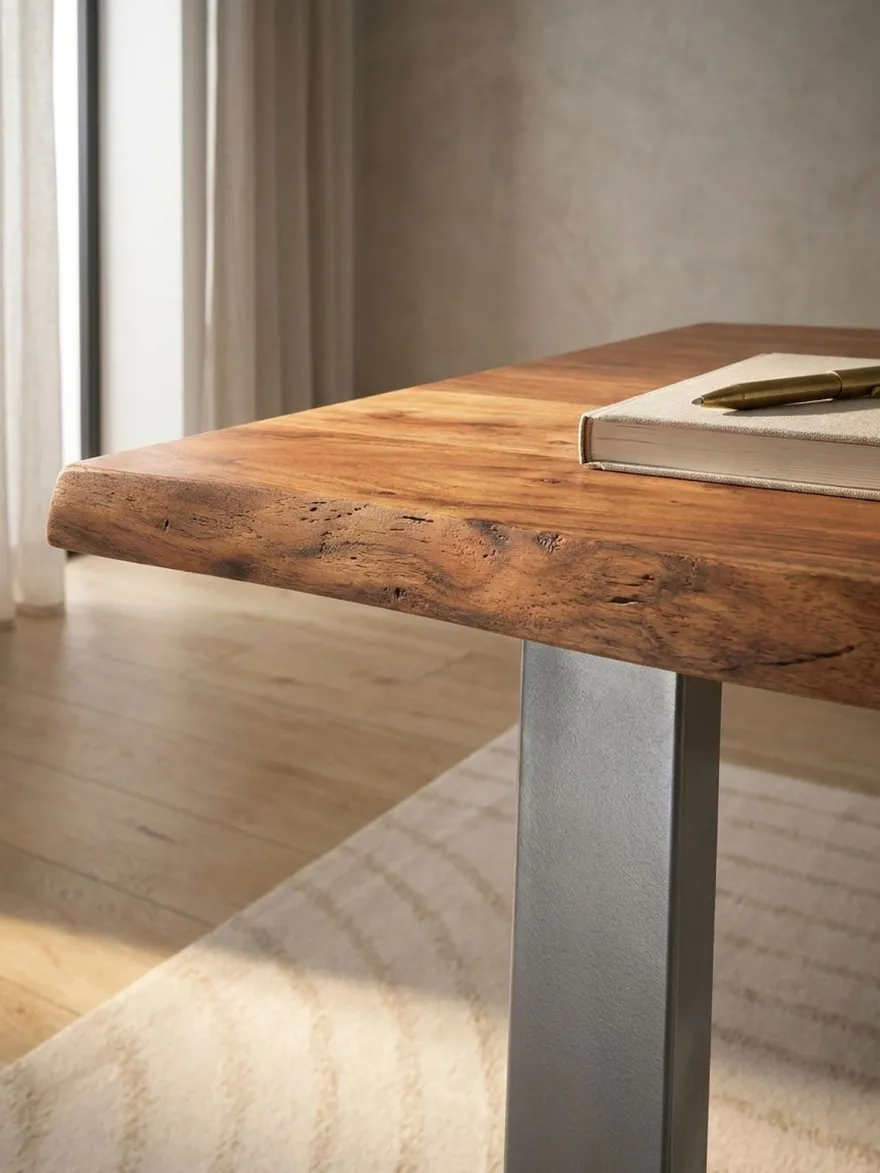 Schreibtisch TARN Akazie Massivholz Baumkante Homeoffice Trapezbeine 120-200 cm
