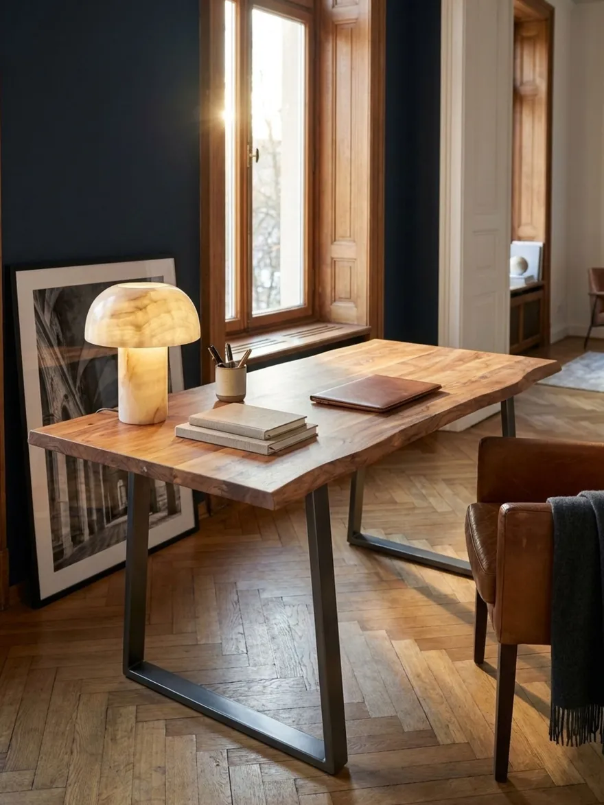 Schreibtisch TARN Akazie Massivholz Baumkante Homeoffice Trapezbeine 120-200 cm