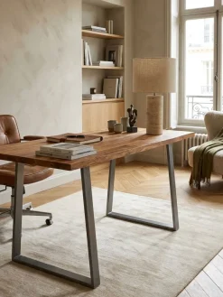 Schreibtisch TARN Akazie Massivholz Baumkante Homeoffice Trapezbeine 120-200 cm