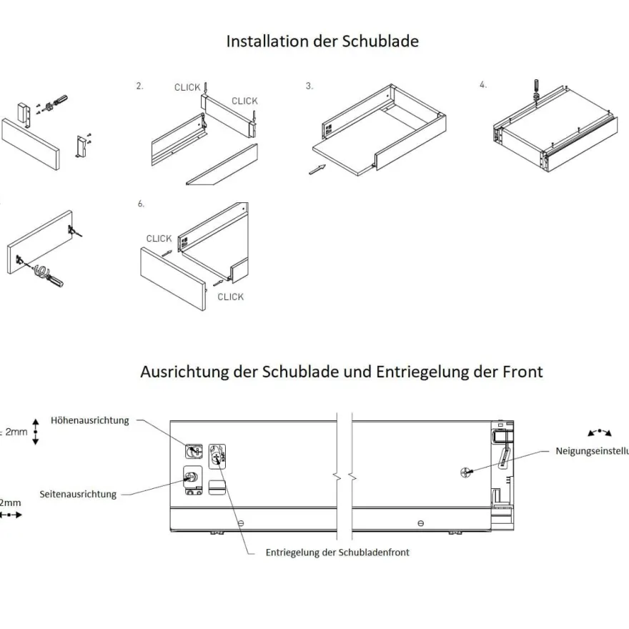 Schubladenauszugs-System Anthrazit Push to Open Unterflurführung Vollauszug