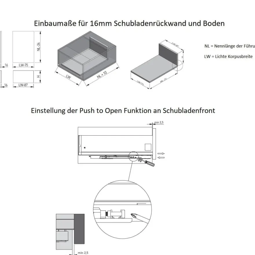 Schubladenauszugs-System Anthrazit Push to Open Unterflurführung Vollauszug