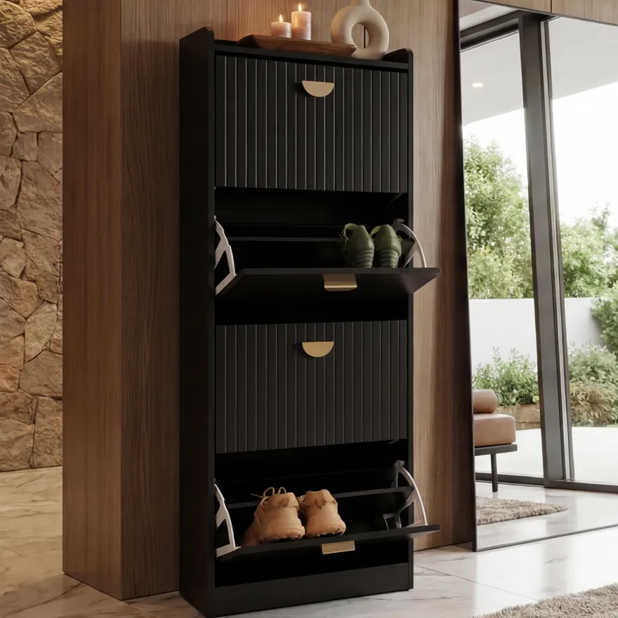 Schuhschrank HWC-O39, Schuhkipper Schuhregal 4 Klappen, MDF Melamin 148x50x24cm