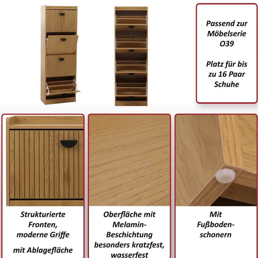 Schuhschrank HWC-O39, Schuhkipper Schuhregal 4 Klappen, MDF Melamin 148x50x24cm