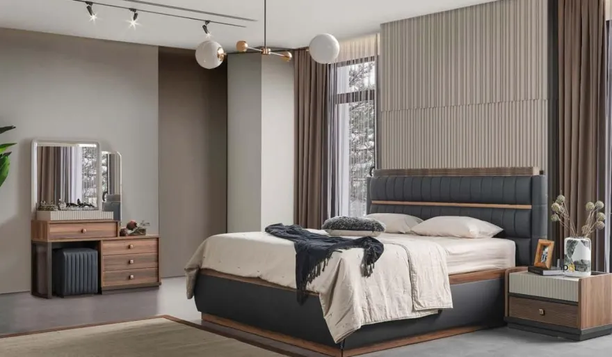 Schwarz-Braune Schlafzimmer Möbel Modernes Doppelbett Kosmetiktisch 4tlg