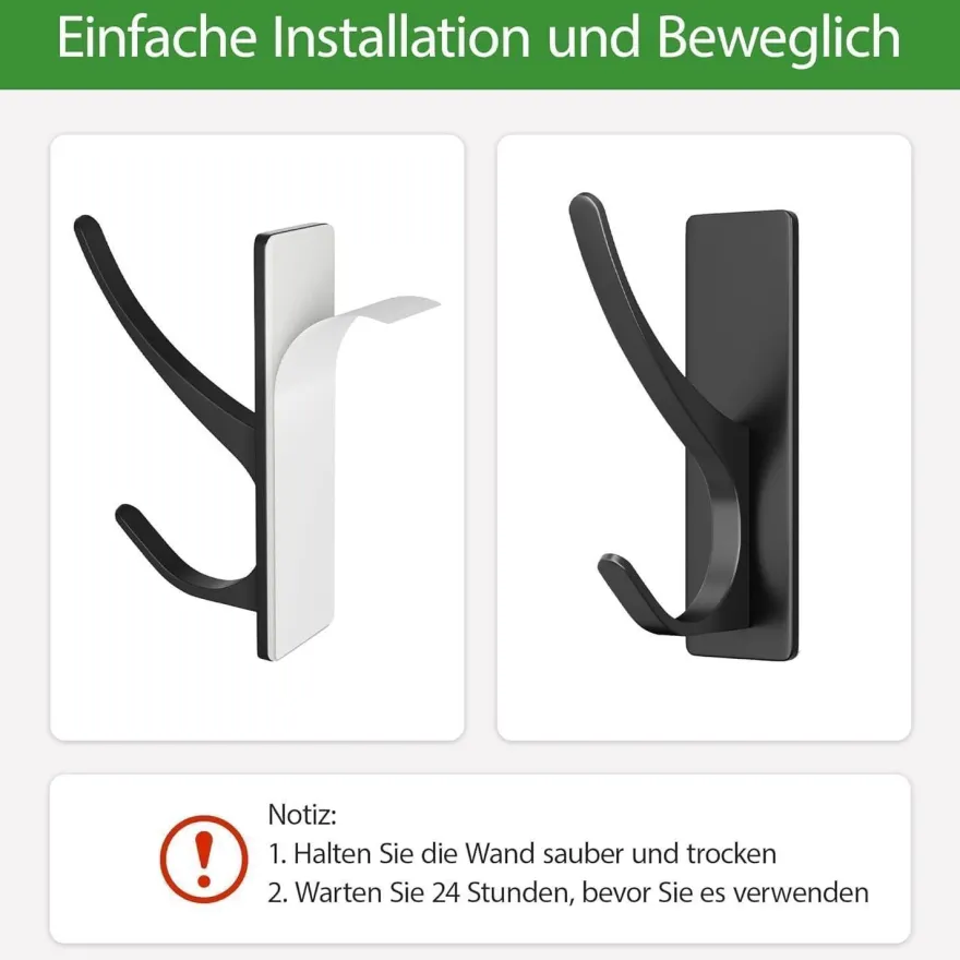 Schwarze Klebehaken Ultra Stark 6kg - 4 Stück, Rostfrei Metall Bügel Haken