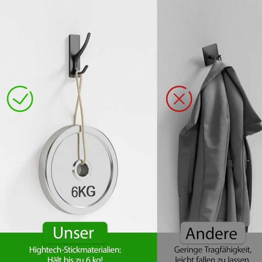 Schwarze Klebehaken Ultra Stark 6kg - 4 Stück, Rostfrei Metall Bügel Haken