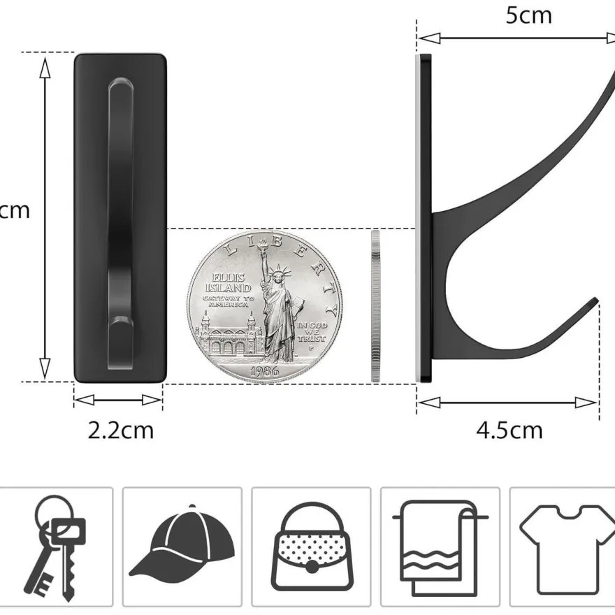Schwarze Klebehaken Ultra Stark 6kg - 4 Stück, Rostfrei Metall Bügel Haken