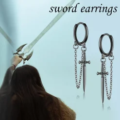 Schwarze Schwert Ohrringe Sterlingsilber Gothic Quasten Creolen Damen