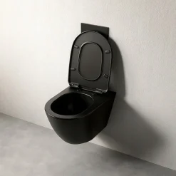 Schwarzes rimless-WC mit Duroplast-Sitz mit Soft-Close-Funktion und Wirbelspülung