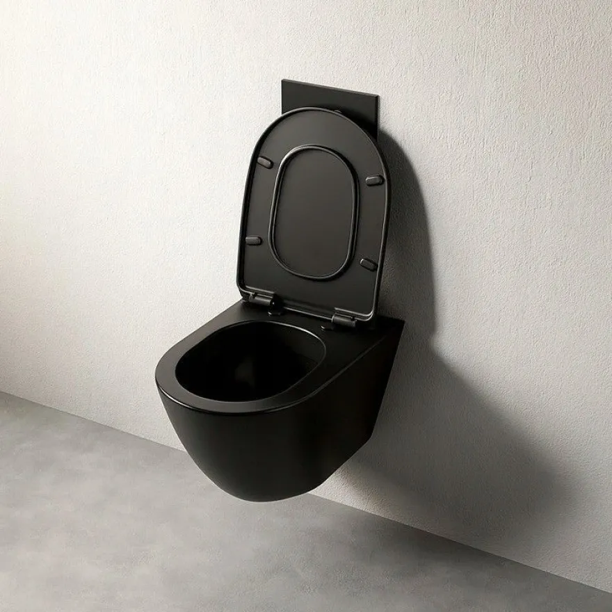Schwarzes rimless-WC mit Duroplast-Sitz mit Soft-Close-Funktion und Wirbelspülung