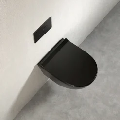 Schwarzes rimless-WC mit Duroplast-Sitz mit Soft-Close-Funktion und Wirbelspülung