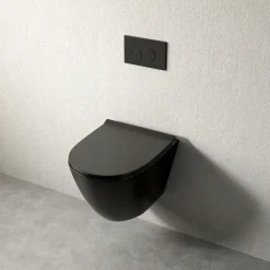 Schwarzes rimless-WC mit Duroplast-Sitz mit Soft-Close-Funktion und Wirbelspülung