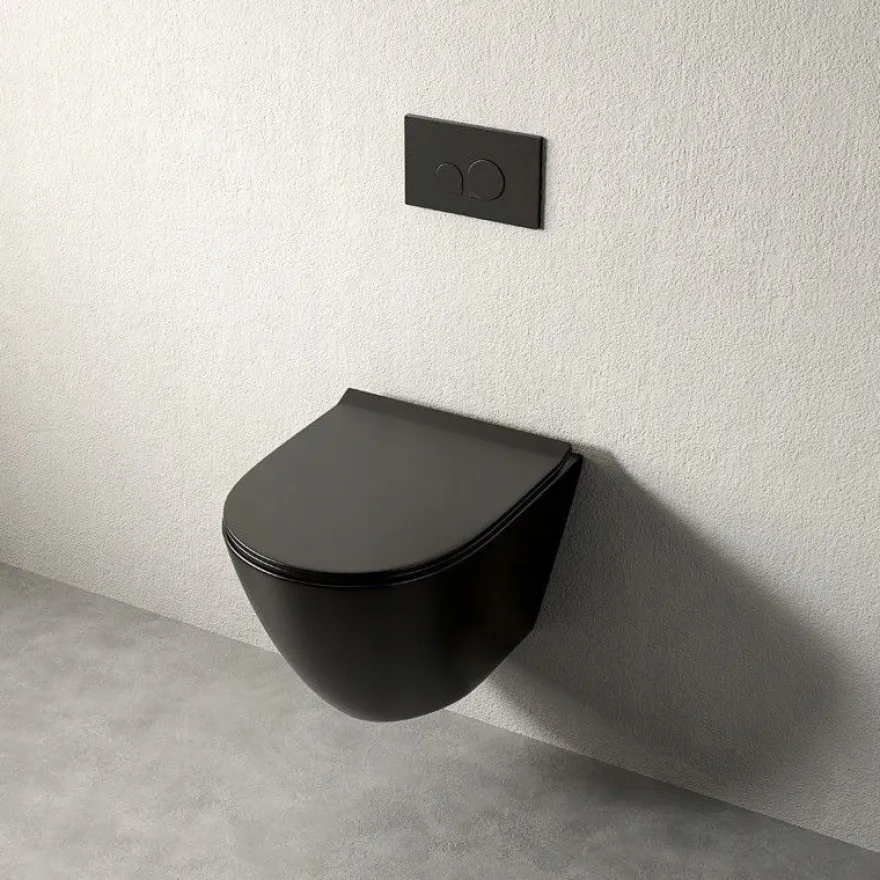 Schwarzes rimless-WC mit Duroplast-Sitz mit Soft-Close-Funktion und Wirbelspülung