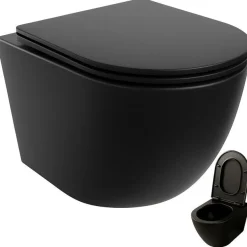 Schwarzes rimless-WC mit Duroplast-Sitz mit Soft-Close-Funktion und Wirbelspülung