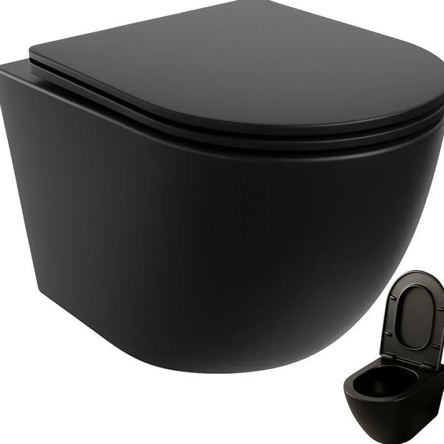 Schwarzes rimless-WC mit Duroplast-Sitz mit Soft-Close-Funktion und Wirbelspülung