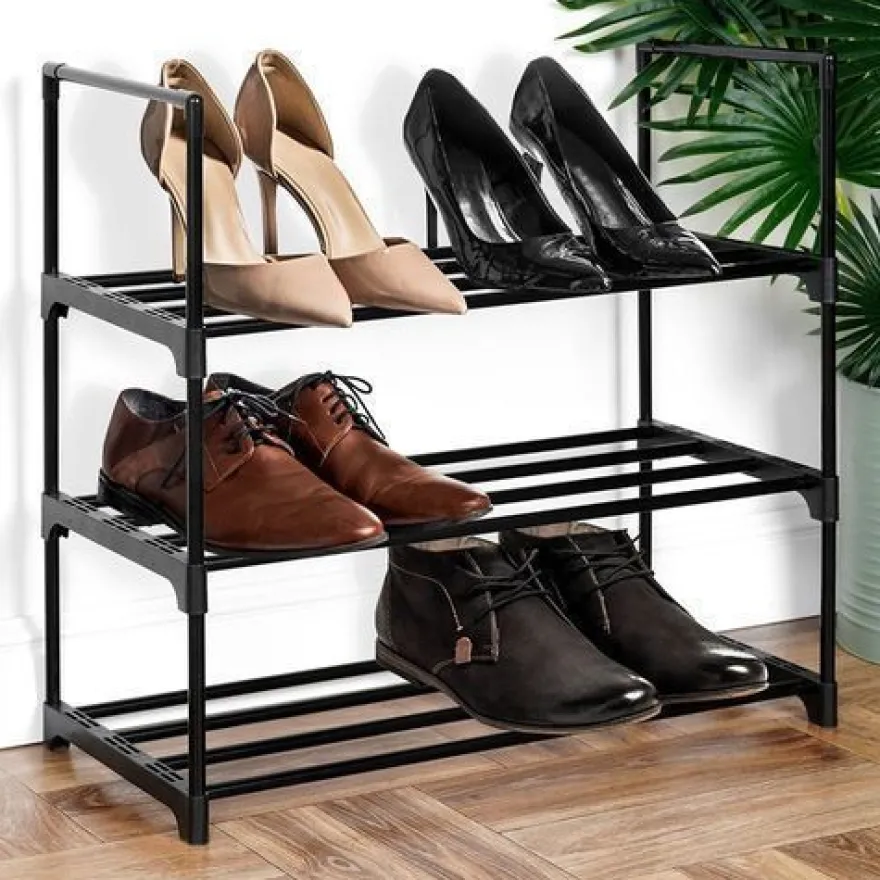 Schwarzes Schuhregal aus Metall, 3-stufig, 57 x 28 x 55 cm