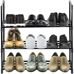 Schwarzes Schuhregal aus Metall, 3-stufig, 57 x 28 x 55 cm
