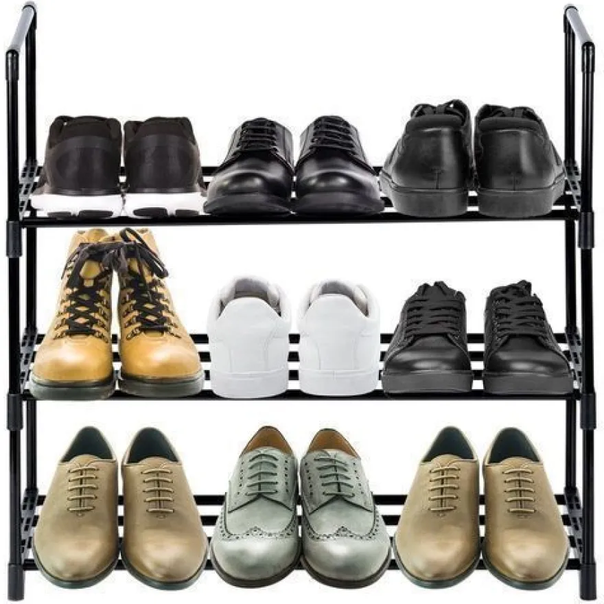 Schwarzes Schuhregal aus Metall, 3-stufig, 57 x 28 x 55 cm