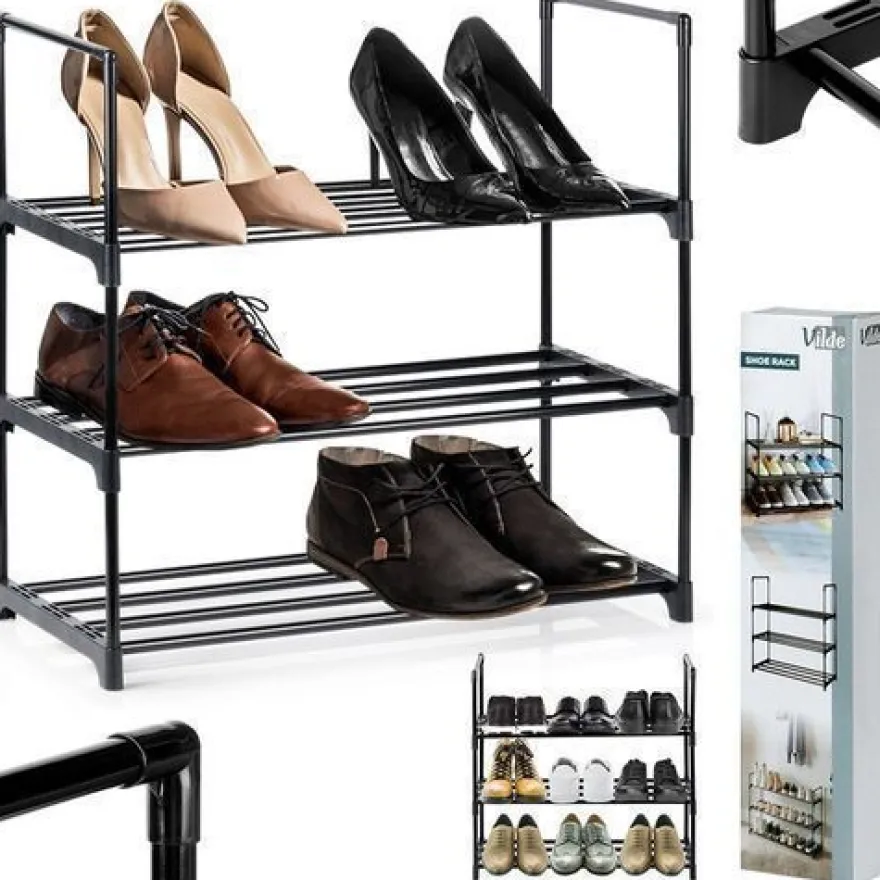 Schwarzes Schuhregal aus Metall, 3-stufig, 57 x 28 x 55 cm