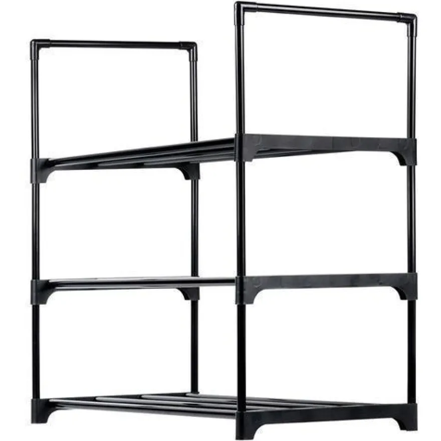 Schwarzes Schuhregal aus Metall, 3-stufig, 57 x 28 x 55 cm