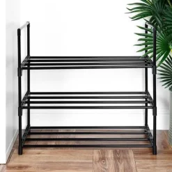 Schwarzes Schuhregal aus Metall, 3-stufig, 57 x 28 x 55 cm