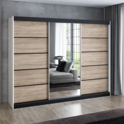 Schwebetürenschrank, 3-türig Schrank 200 cm mit 4 Schubladen, und Spiegel- Viluno 4