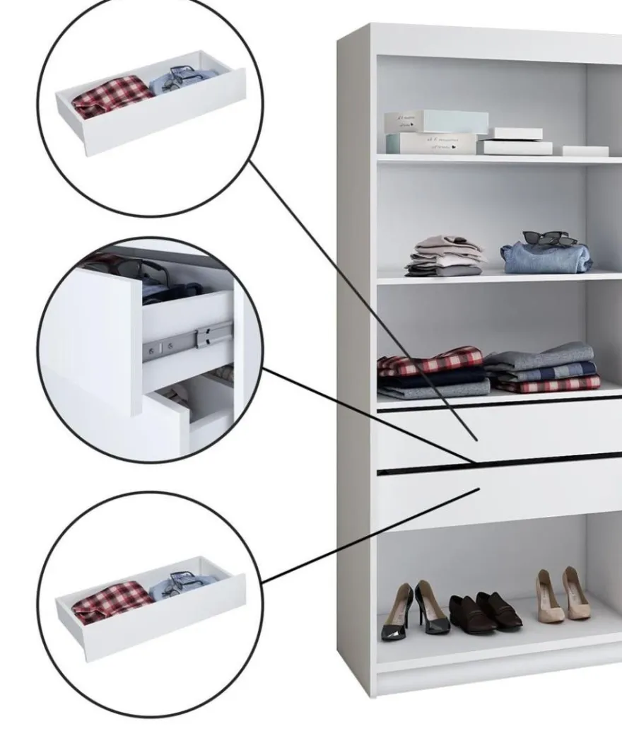 Schwebetürenschrank, 3-türig Schrank 200 cm mit 4 Schubladen, und Spiegel- Viluno 4