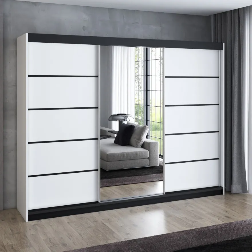 Schwebetürenschrank, 3-türig Schrank 200 cm mit 4 Schubladen, und Spiegel- Viluno 4