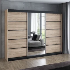 Schwebetürenschrank, 3-türig Schrank 200 cm mit 4 Schubladen, und Spiegel- Viluno 4