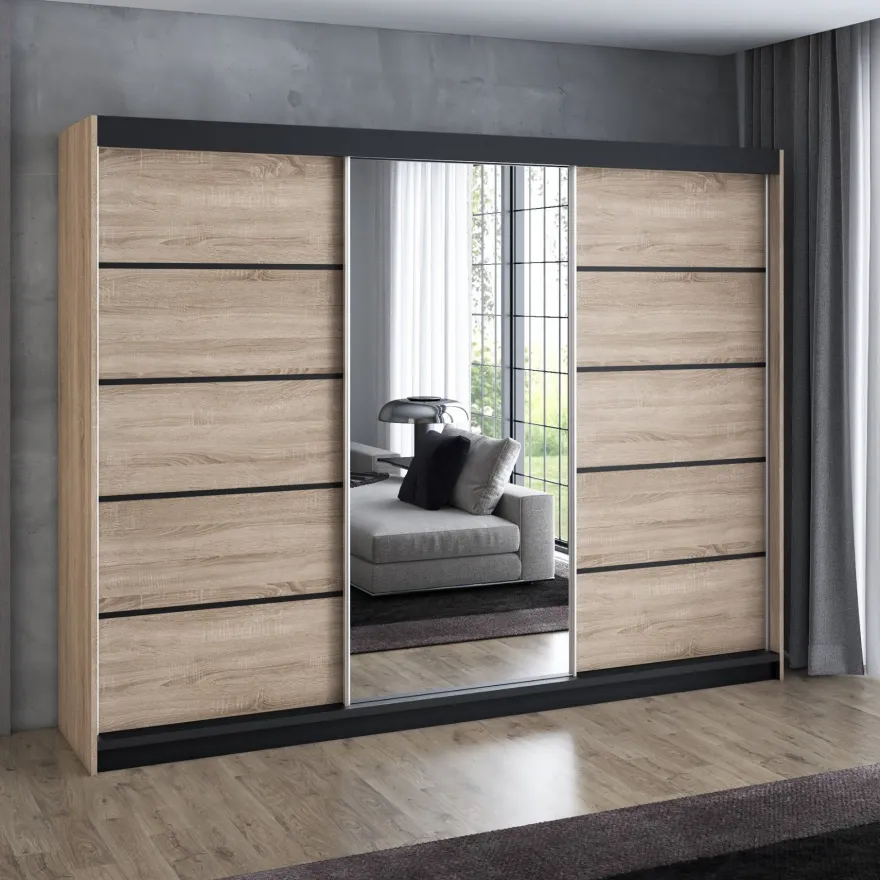 Schwebetürenschrank, 3-türig Schrank 200 cm mit 4 Schubladen, und Spiegel- Viluno 4