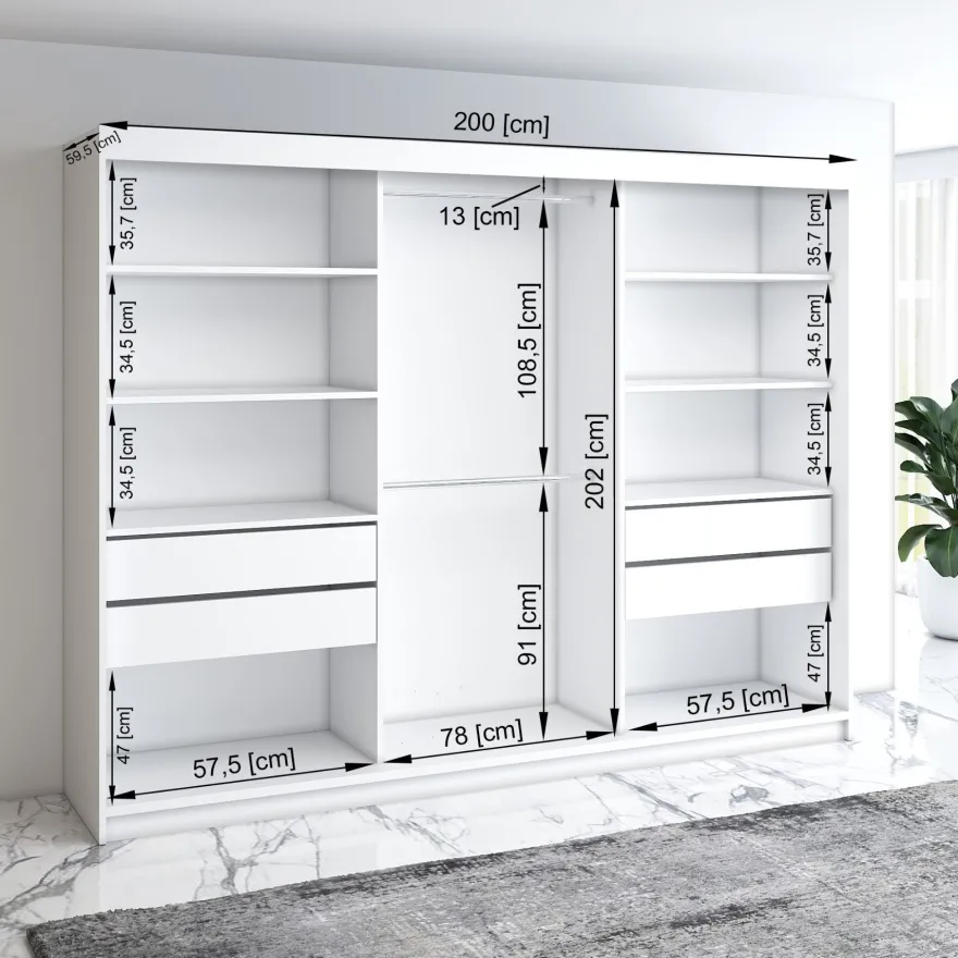 Schwebetürenschrank, 3-türig Schrank 200 cm mit 4 Schubladen, und Spiegel- Viluno 4