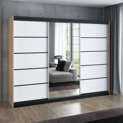 Schwebetürenschrank, 3-türig Schrank 200 cm mit 4 Schubladen, und Spiegel- Viluno 4