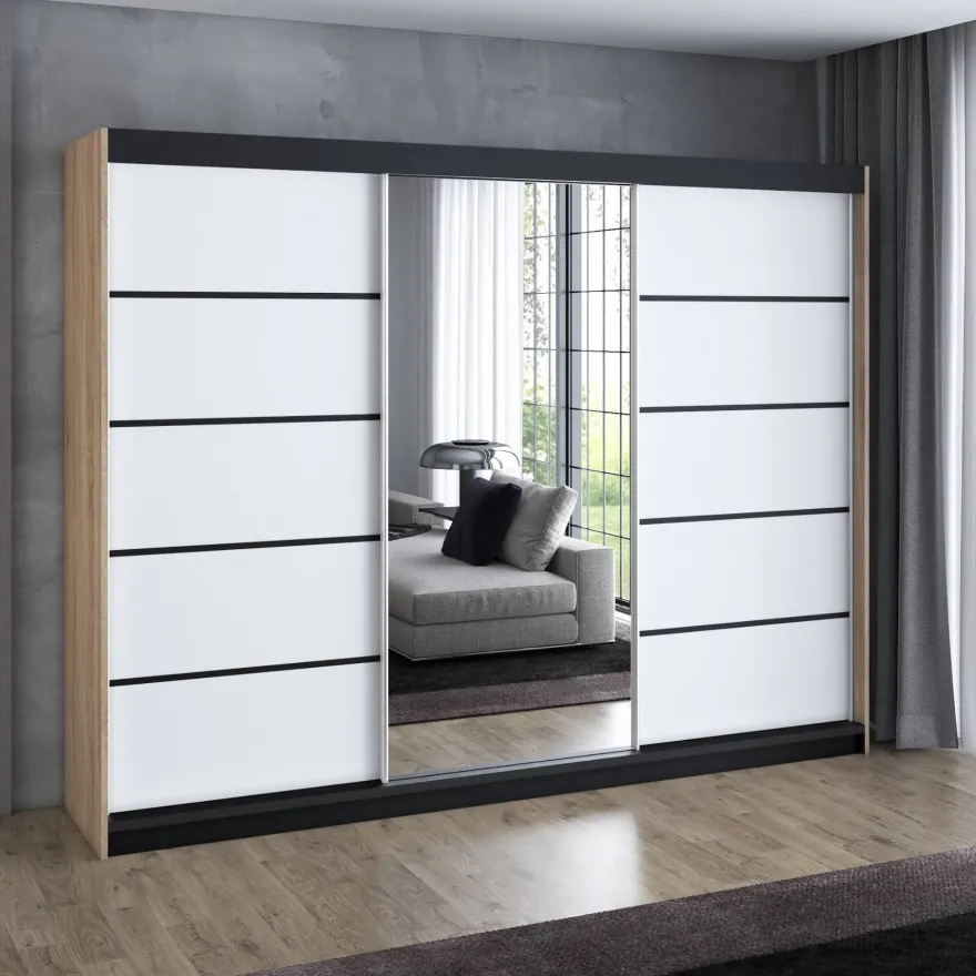Schwebetürenschrank, 3-türig Schrank 200 cm mit 4 Schubladen, und Spiegel- Viluno 4