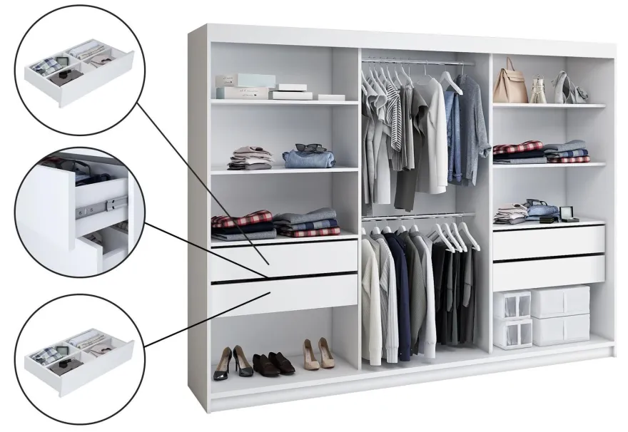 Schwebetürenschrank, 3-türig Schrank 200 cm mit 4 Schubladen, und Spiegel- Viluno 4