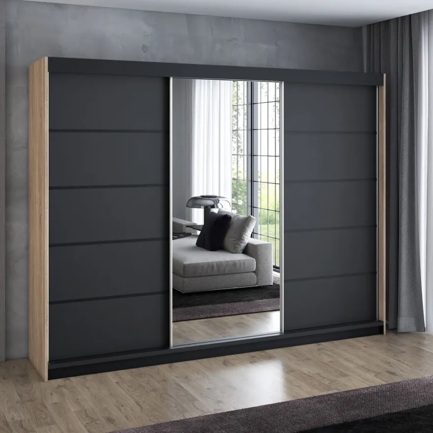 Schwebetürenschrank, 3-türig Schrank 200 cm mit 4 Schubladen, und Spiegel- Viluno 4