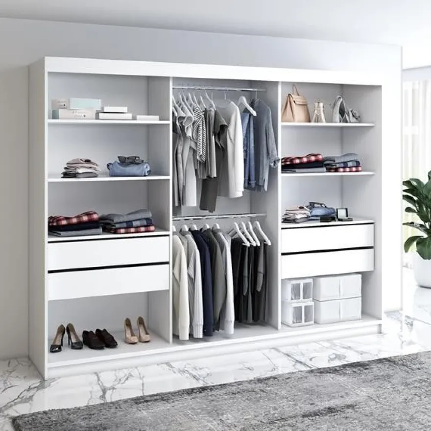 Schwebetürenschrank, 3-türig Schrank 200 cm mit 4 Schubladen, und Spiegel- Viluno 4