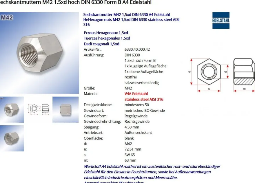 Sechskantmutter M42 1,5xd DIN 6330 A4 Edelstahl | Hexagon Nuts | Stainless Steel 316