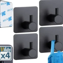 Selbstklebender Kleiderhaken, Stahl, schwarz, 4 Stück