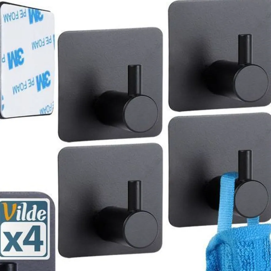 Selbstklebender Kleiderhaken, Stahl, schwarz, 4 Stück