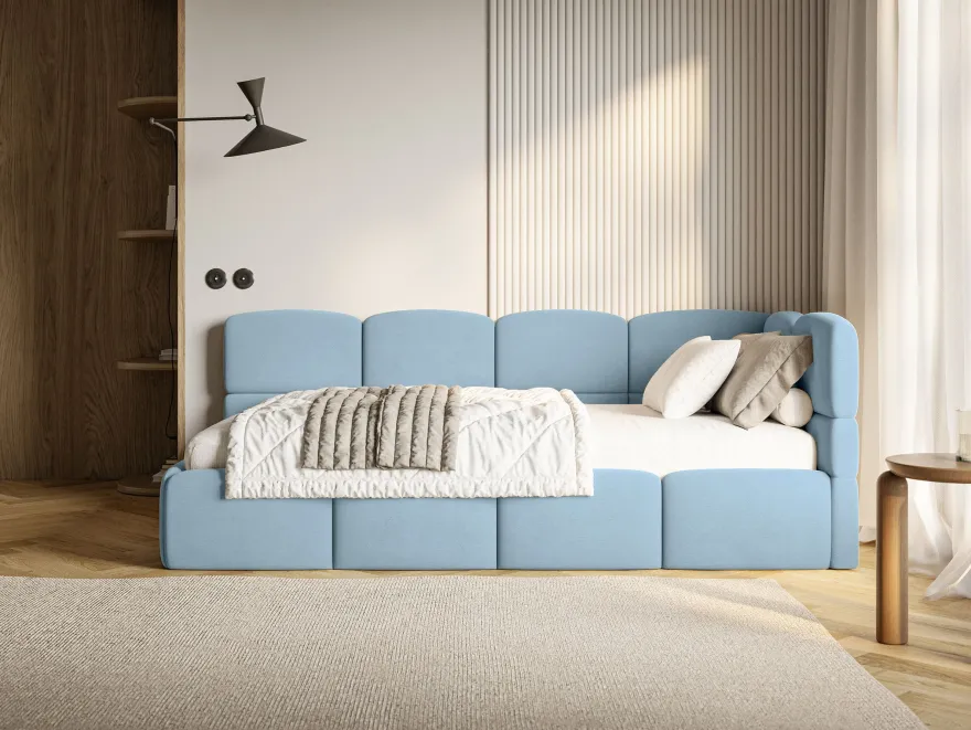 Selsey Cloudy - Jugendbett 120 cm, Bettkasten, Velours wasserabweisend, Kopfteil rech