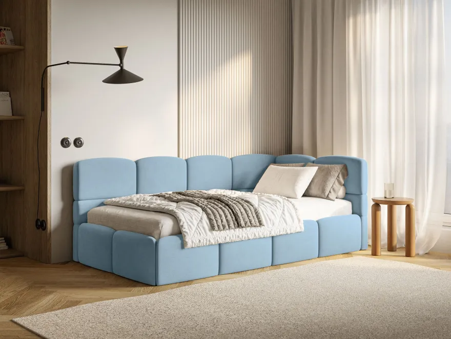 Selsey Cloudy - Jugendbett 120 cm, Bettkasten, Velours wasserabweisend, Kopfteil rech
