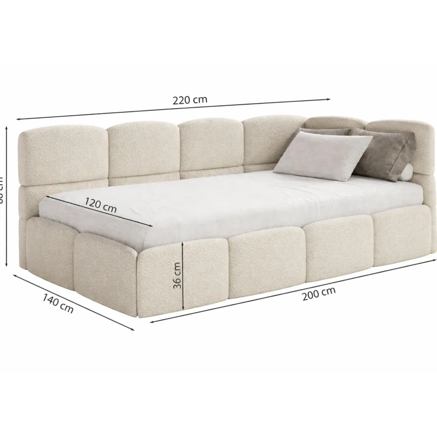 Selsey Cloudy - Jugendbett 120 cm, Bettkasten, Velours wasserabweisend, Kopfteil link
