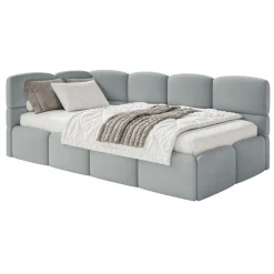 Selsey Cloudy - Jugendbett 120 cm, Bettkasten, Velours wasserabweisend, Kopfteil link