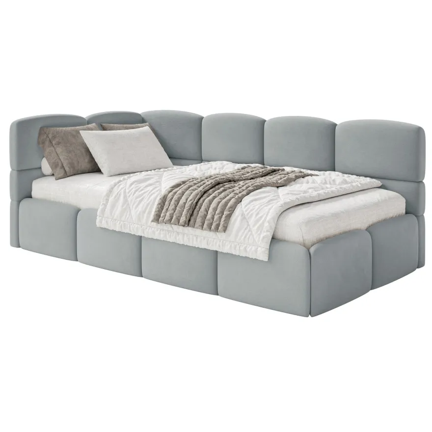 Selsey Cloudy - Jugendbett 120 cm, Bettkasten, Velours wasserabweisend, Kopfteil link