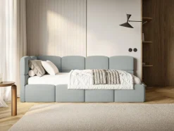 Selsey Cloudy - Jugendbett 120 cm, Bettkasten, Velours wasserabweisend, Kopfteil link