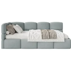 Selsey Cloudy - Jugendbett 120 cm, Bettkasten, Velours wasserabweisend, Kopfteil link
